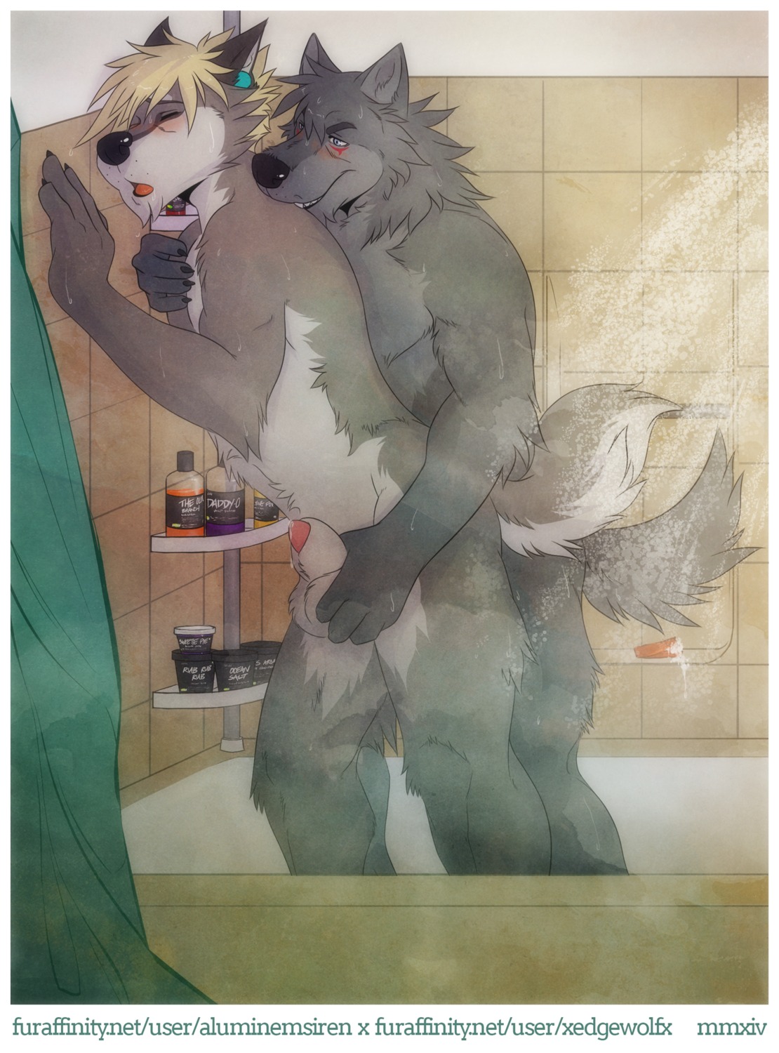 2014 aluminemsiren anal anal_penetration animal_genitalia animal_penis anthro ball_fondling balls biceps bite blush bodily_fluids canid canine canine_genitalia canine_penis canis countershade_tail countershade_torso countershading digital_media_(artwork) duo e621 eyes_closed flaccid fondling fully_sheathed fur genital_fluids genitals grey_body grey_fur hair hi_res male male/male male_penetrated male_penetrating male_penetrating_male mammal muscular neck_bite nude penetration penis penis_tip portrait precum reach_around sex sheath sheathed_while_penetrated shower tail three-quarter_portrait tipping wolf xedgewolfx
