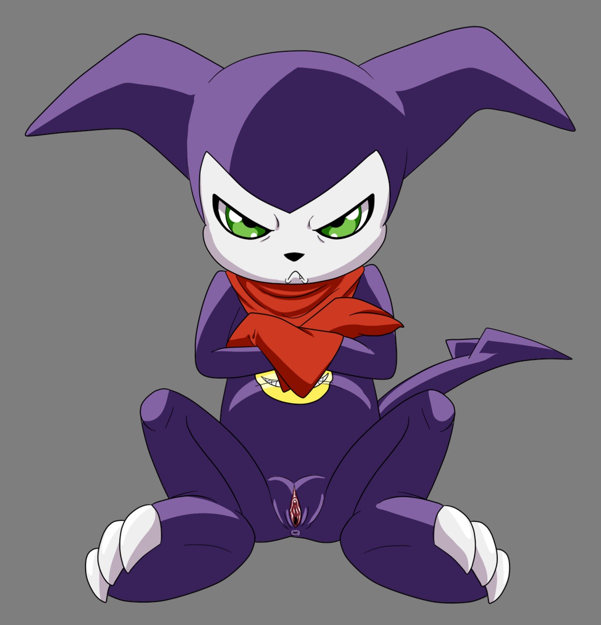 >:< alpha_channel anthro anus bandai_namco biped clitoris clothing crossed_arms digimon digimon_(species) e621 female genitals glacierk gloves green_eyes handwear hi_res imp impmon looking_at_viewer pouting simple_background sitting solo spread_legs spreading transparent_background vulva