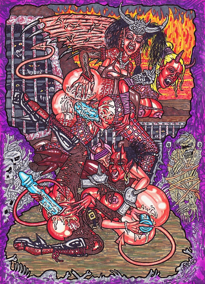 anus big_breasts breasts demon dildo double_dildo e621 female female/female genitals group horn humanoid masturbation nipples not_furry nude penetration sex sex_toy tail theseus9 toying_self vaginal vaginal_masturbation vulva