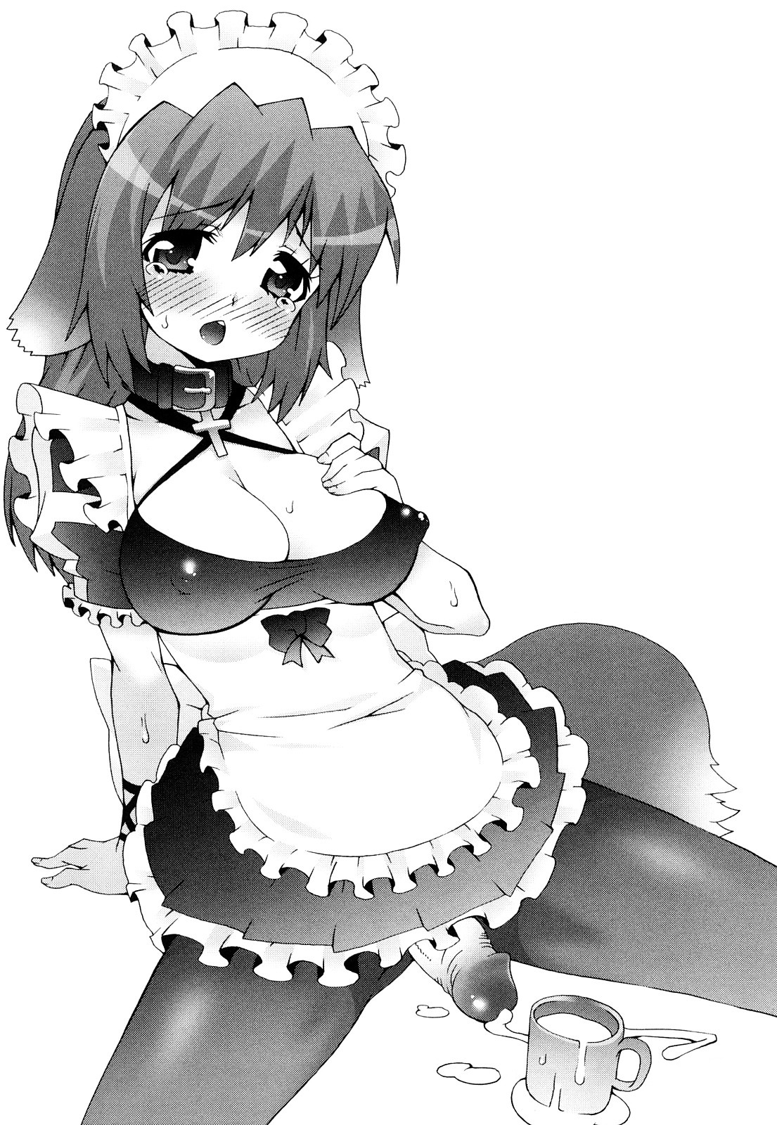 1futa animal_ear blush collar cum cup erect_nipples futa_only futanari highres intersex maid monochrome mudou_eichi nipples pantyhose penis rule34 solo tail tear uncensored