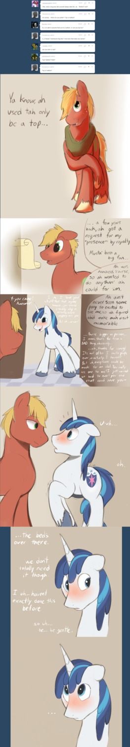 absurd_res big_macintosh_(mlp) blush braeburned comic cutie_mark dialogue digital_media_(artwork) duo e621 earth_pony english_text equid equine erection feral feral_on_feral friendship_is_magic genitals hair hasbro hi_res horn horse long_image male male/male mammal multiple_scenes my_little_pony mythological_creature mythological_equine mythology penis pony quadruped shining_armor_(mlp) tail tall_image text unicorn