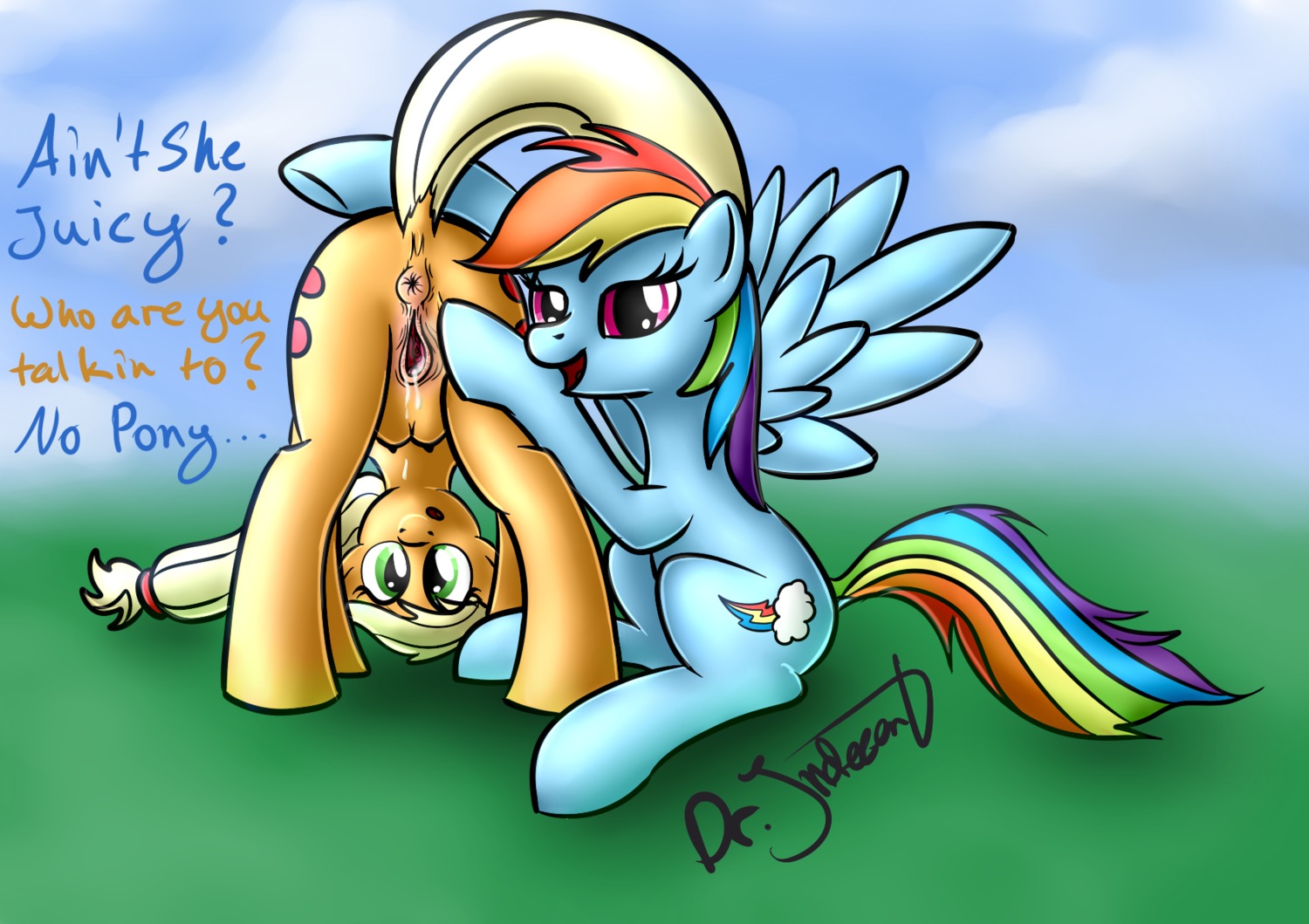 2012 anus applejack_(mlp) ass_up blonde_hair blue_body blue_feathers blue_fur bodily_fluids breaking_the_fourth_wall butt cloud cutie_mark dialogue dock_(anatomy) dr-indecent dripping duo e621 earth_pony english_text equid equine feathered_wings feathers female female/female feral friendship_is_magic fur gaping gaping_vagina genital_fluids genitals green_eyes hair hasbro hi_res horse looking_at_viewer mammal multicolored_hair multicolored_tail my_little_pony mythological_creature mythological_equine mythology outside pegasus pony presenting presenting_hindquarters purple_eyes rainbow_dash_(mlp) rainbow_hair rainbow_tail raised_tail sky spread_vulva spreading tail teats text vaginal_fluids vulva wing_boner wings