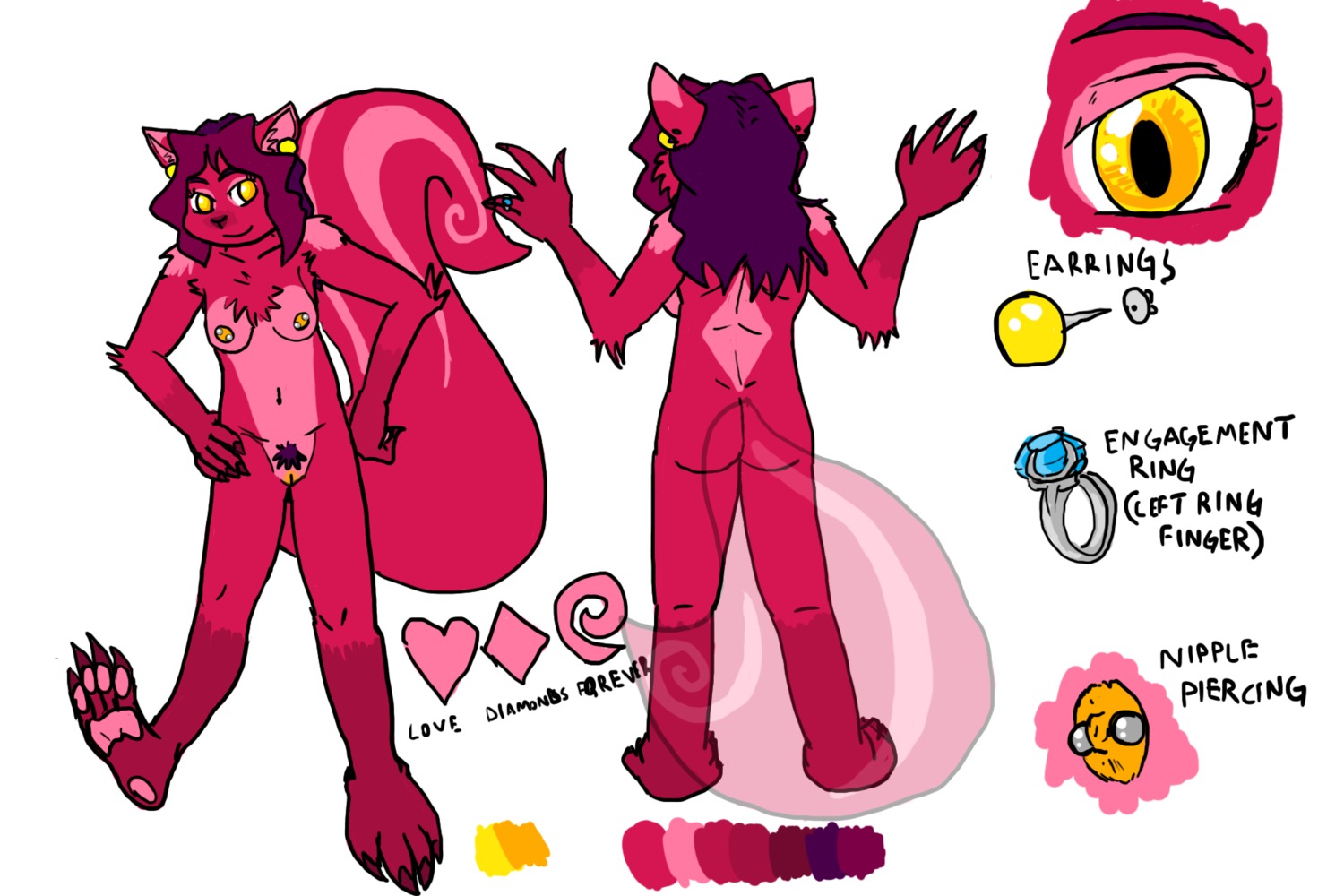 3:2 anthro breasts butt claws color_swatch e621 ear_piercing english_text female flat_colors fluffy fluffy_tail fur genitals hair heart_symbol hi_res mammal markings model_sheet multicolored_hair nipple_piercing nipples nude orange_body orange_skin piercing pink_body pink_fur purple_hair raiettei_(artist) red_body red_fur red_hair ring rodent sciurid simple_background smile solo tail text toe_claws tree_squirrel two_tone_hair vulva white_background yellow_eyes
