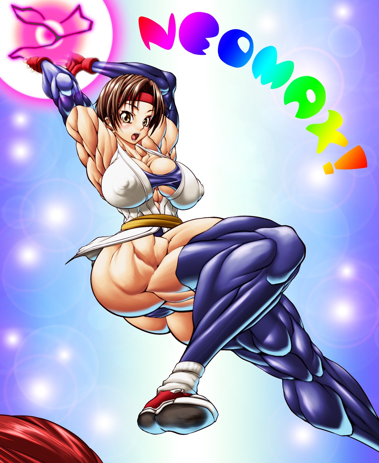 art_of_fighting breasts erect_nipples extreme_muscles female highres huge_breasts huge_nipples king_of_fighters muscles muscular muscular_female nipples purukogi purukogi_(plasma_beach) rule34 snk yuri_sakazaki