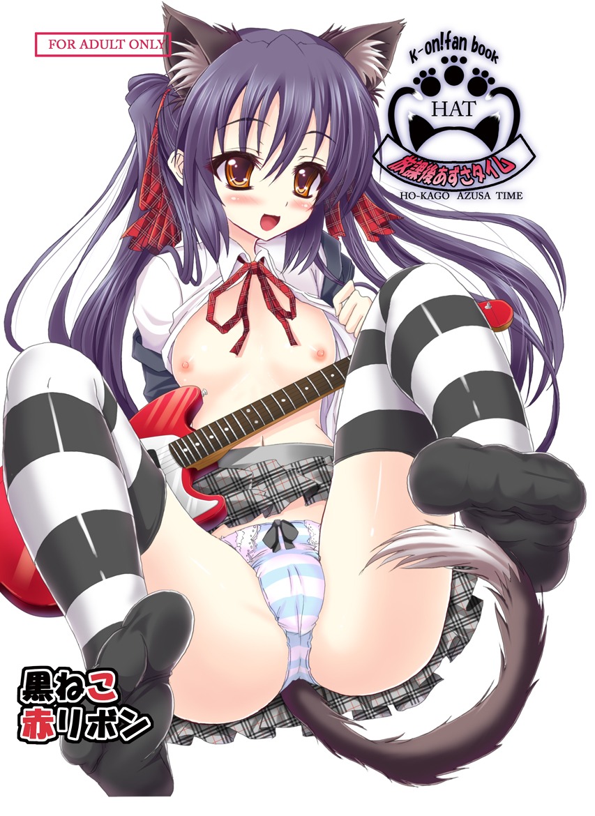 animal_ears azusa_nakano_(k-on!) black_hair blush brown_eyes cat_ears feet female guitar human human_only instrument k-on! kamishiro_ryuu long_hair neck_ribbon open_clothes open_shirt panties paw_print ribbon rule34 school_uniform shirt solo striped striped_legwear striped_panties striped_thighhighs tail thighhighs tied_hair twintails underwear