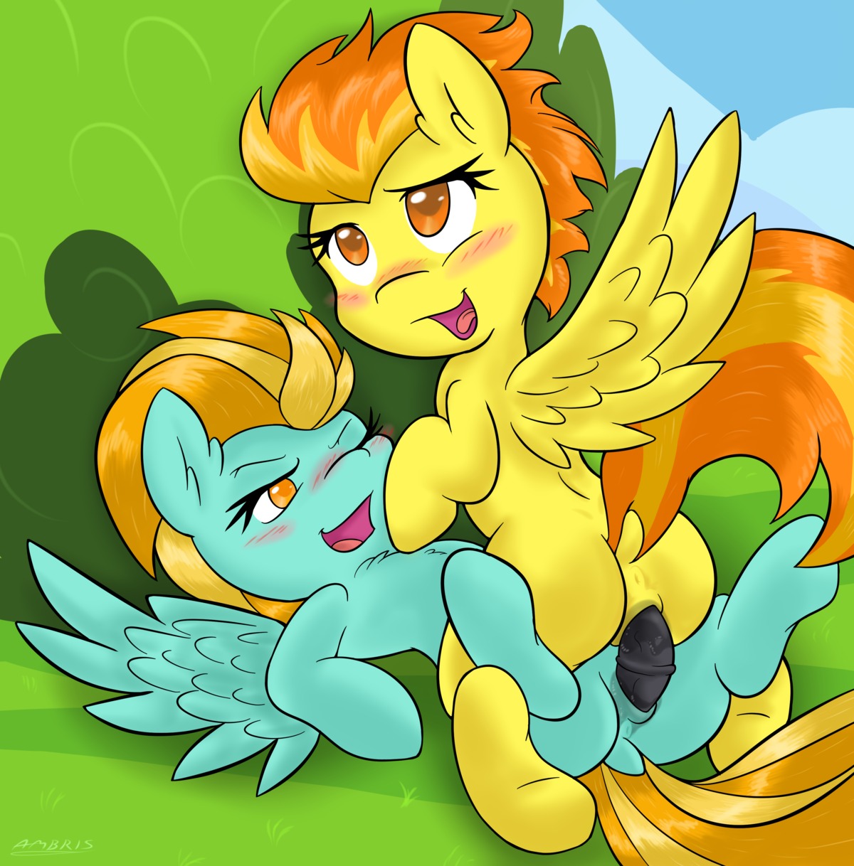 2014 absurd_res amber_eyes ambris anus blonde_hair blue_body blue_feathers blush bodily_fluids butt cowgirl_position dildo double_dildo duo e621 equid equine feathered_wings feathers female female/female female_on_bottom female_on_top feral friendship_is_magic from_front_position fur genital_fluids genitals green_body green_fur hair hasbro hi_res lightning_dust_(mlp) mammal multicolored_hair my_little_pony mythological_creature mythological_equine mythology on_bottom on_top one_eye_closed open_mouth orange_hair pegasus penetration sex sex_toy spitfire_(mlp) straddling tongue two_tone_hair vaginal vaginal_fluids vulva wings wonderbolts_(mlp) yellow_body yellow_eyes yellow_feathers yellow_fur