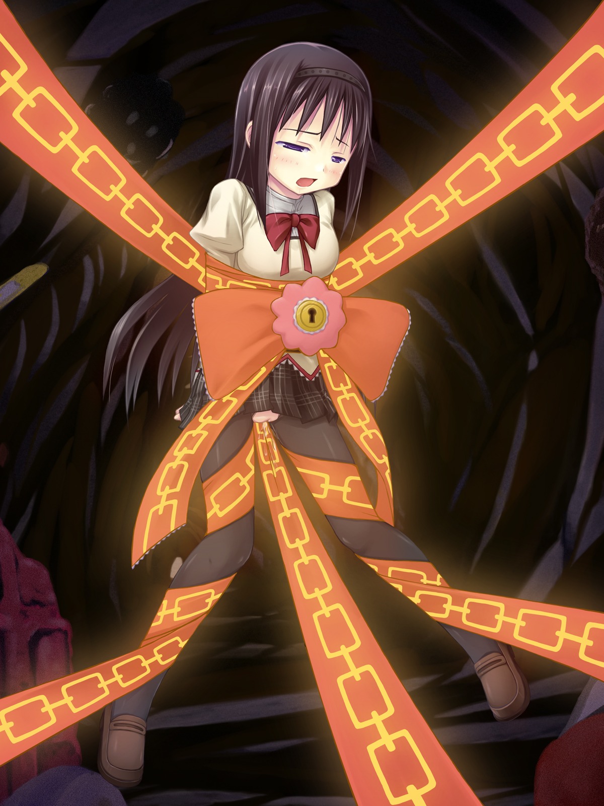 akemi_homura atsushima_you black_hair bondage crotch_ribbon female highres keyhole long_hair mahou_shoujo_madoka_magica pantyhose pussy pussy_juice ribbon rule34 school_uniform solo torn_clothes torn_pantyhose uncensored