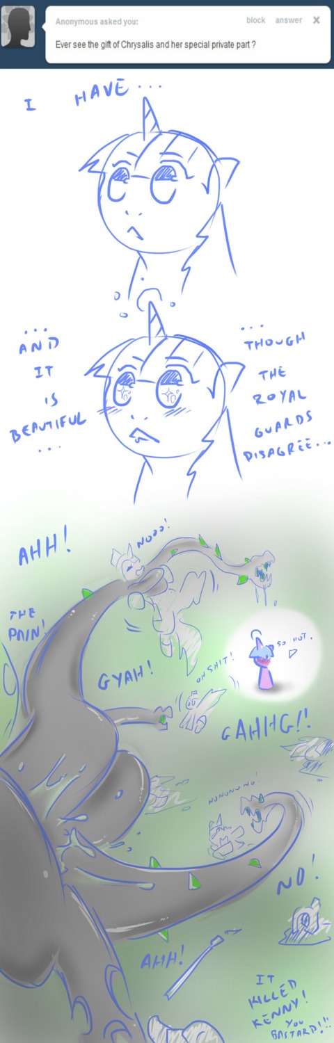 arthropod blush bodily_fluids changeling_(mlp) cold-blooded-twilight e621 english_text equid equine female friendship_is_magic genital_fluids hasbro hi_res horn male mammal my_little_pony mythological_creature mythological_equine mythology queen_chrysalis_(mlp) royal_guard_(mlp) solo tentacles text twilight_sparkle_(mlp) unicorn vaginal_fluids