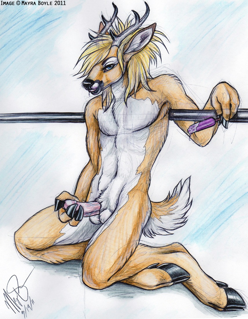 2011 anthro antlers balls biped black_nose blue_eyes deer e621 erection fingers food fur genitals hair hooved_fingers hooves horn humanoid_genitalia humanoid_penis looking_at_viewer male mammal masturbation mayra_boyle navel nude penile penile_masturbation penis popsicle solo tan_body tan_fur tongue vein white_body white_fur
