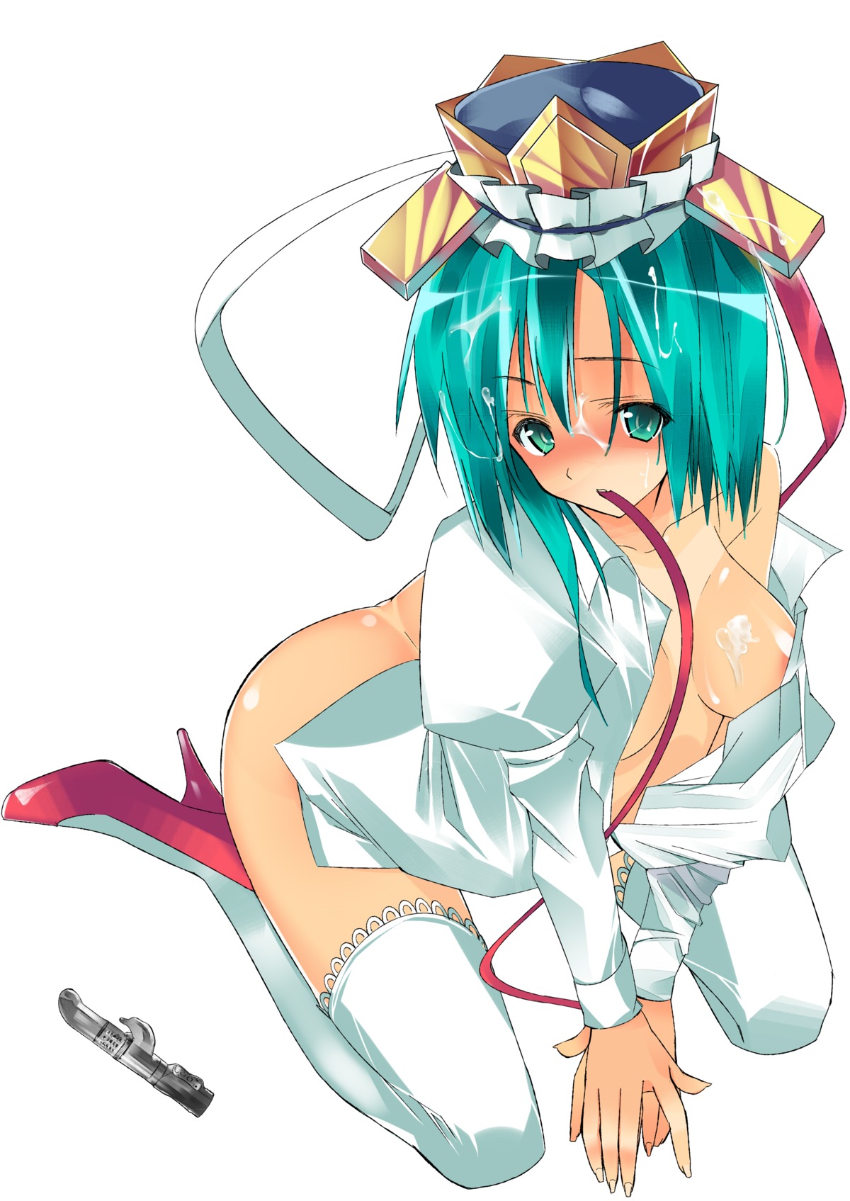 1girls auauun bottomless breasts cum cum_on_body cum_on_upper_body dildo eiki_shiki facial female green_eyes green_hair hat high_heels high_resolution large_breasts mouth_hold no_panties open_clothes open_shirt ribbon rule34 shirt shoes short_hair solo thighhighs touhou white_legwear white_shirt white_thighhighs