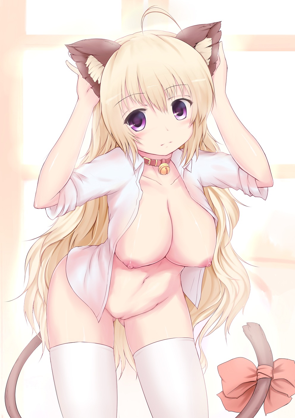 accessory ahoge animal_humanoid arms_above_head bell bell_collar blonde_hair blush breasts cat_humanoid cat_tail clothed clothing collar domestic_cat e621 felid felid_humanoid feline feline_humanoid felis female furgonomics genitals hair hi_res humanoid legwear long_hair looking_at_viewer mammal mammal_humanoid navel nipples open_clothing open_shirt open_topwear partially_clothed purple_eyes ribbons shirt solo tail tail_accessory tail_ribbon thigh_highs topwear vulva white_clothing white_legwear white_shirt white_topwear zheyi_parker