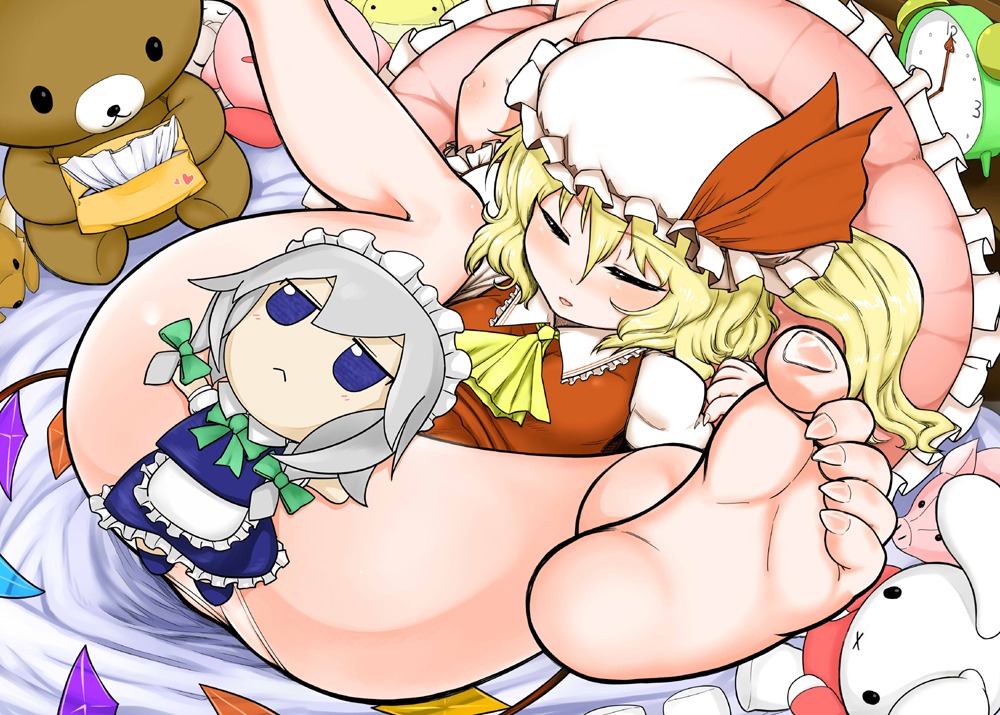 barefoot blonde_hair blue_eyes braid doll feet female flandre_scarlet foot_fetish foot_focus hat ponytail rule34 sakuya_izayoi short_hair side_ponytail silver_hair soles stuffed_animal stuffed_toy tied_hair toes touhou twin_braids wings yassy