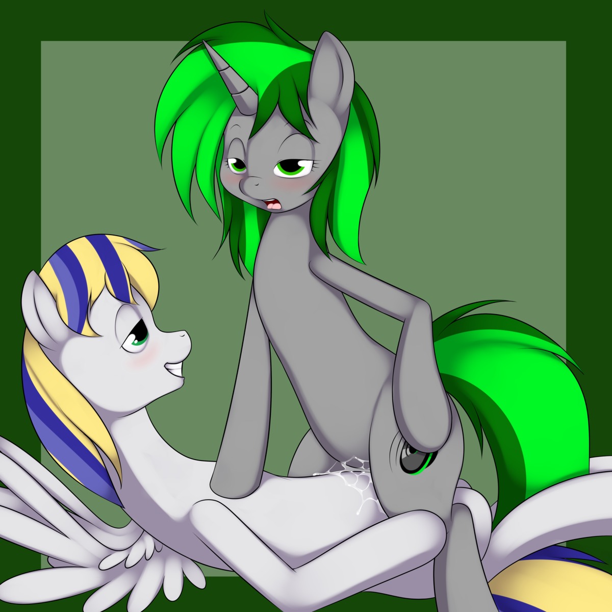 1:1 absurd_res blush bodily_fluids cowgirl_position cum cutie_mark digital_media_(artwork) duo e621 equid equine fan_character feathered_wings feathers female feral from_front_position fur genital_fluids green_eyes grey_body grey_fur hair hasbro hi_res horn kloudmutt male male/female mammal multicolored_hair my_little_pony mythological_creature mythological_equine mythology nude on_bottom on_top open_mouth pegasus sex simple_background straddling tail tongue two_tone_hair unicorn vaginal white_body white_fur wings