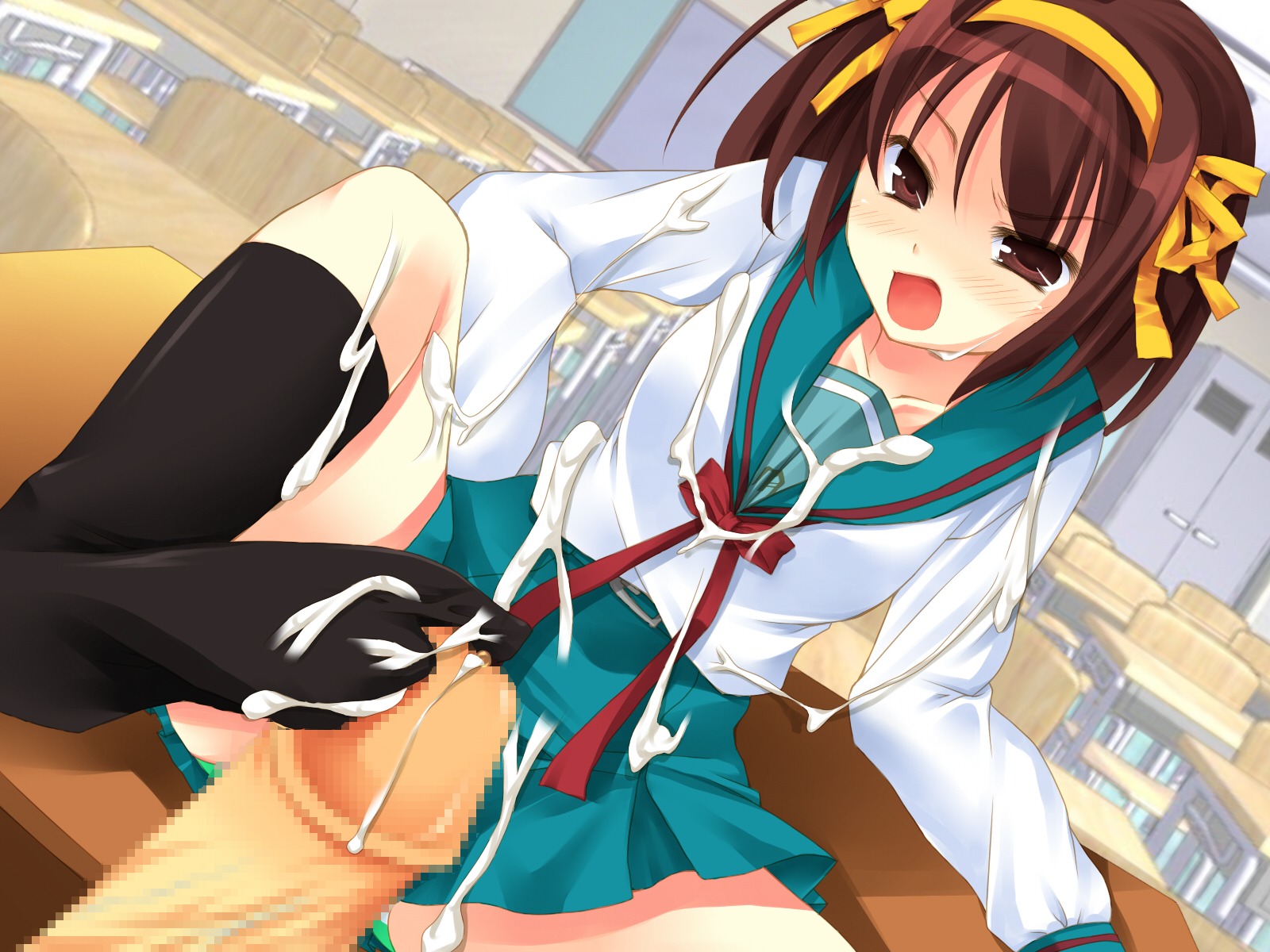 blush breasts brown_hair censored clothing cum feet female footjob highres rule34 school_uniform short_hair skirt small_breasts socks suzumiya_haruhi suzumiya_haruhi_no_yuuutsu tsumugisou