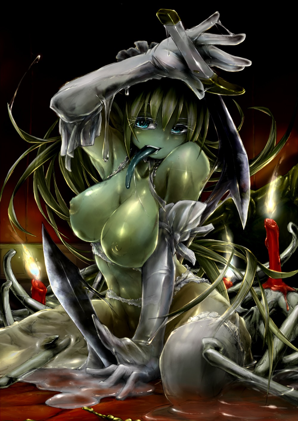 artist_request blue_eyes bone bones breasts candle dagger death dungeons_and_dragons elbow_gloves female gelatinous_cube gloves goo_girl green_hair green_skin highres long_gloves long_tongue monster_girl nipples pixiyu_ju rule34 slime slime_girl thighhighs tongue weapon