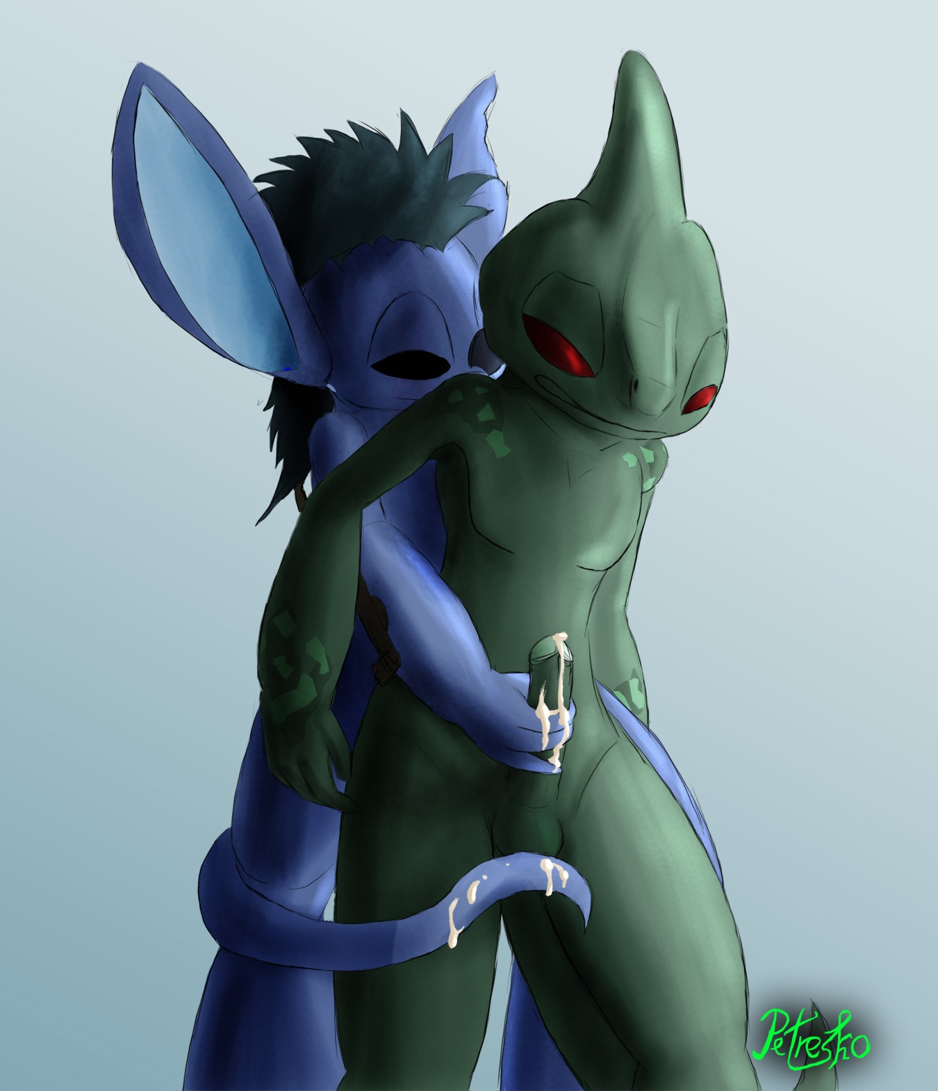 alien anthro balls black_eyes blue_body blue_skin bodily_fluids cum disney dripping duo e621 erection experiment_(lilo_and_stitch) from_behind_position genital_fluids genitals green_body green_skin handjob hi_res humanoid_genitalia humanoid_penis interspecies lilo_and_stitch lizard long_ears long_tail male male/male mohawk monster nude orgasm penile penis penis_grab petresko reach_around red_eyes reptile scalie sex tail