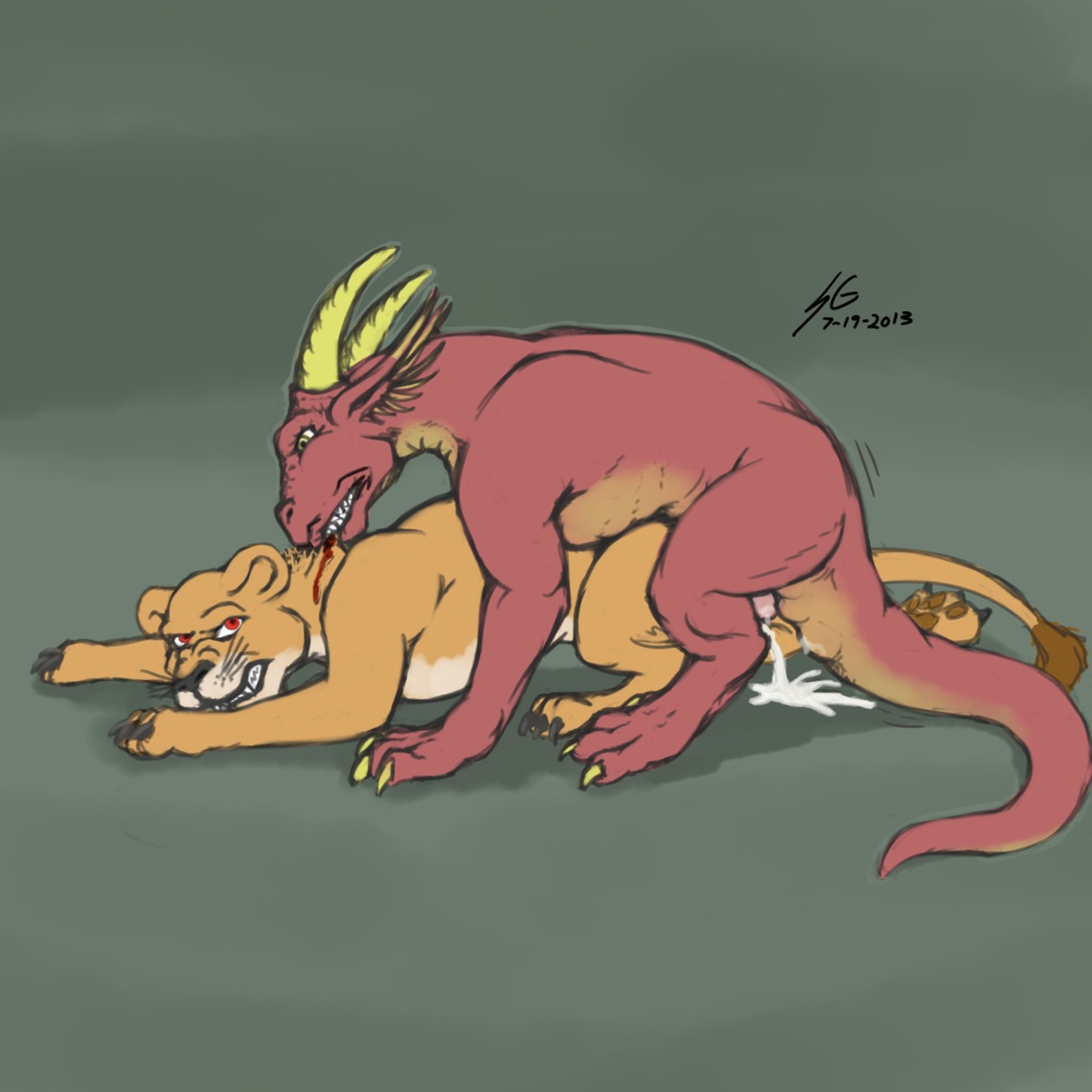 1:1 2013 bite biting_another biting_partner blood bodily_fluids cum cum_in_vagina cum_inside cum_on_ground digital_media_(artwork) dragon duo e621 felid female female_penetrated feral feral_on_feral forced genital_fluids genitals hi_res interspecies lion love_bite male male/female male_penetrating male_penetrating_female mammal mythological_creature mythological_scalie mythology neck_bite nude orgasm pantherine penetration penis rape red_eyes scalie scruff_bite sex soul-gryph soulgryph tail