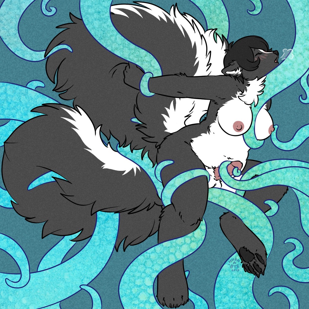 1:1 2013 anthro balls big_tail biped blush breasts chest_tuft e621 equid erection fur genitals gynomorph hair hush-a-bye intersex mammal mephitid myris nipples open_mouth penis simple_background skunk slightly_chubby solo tail tentacles tuft