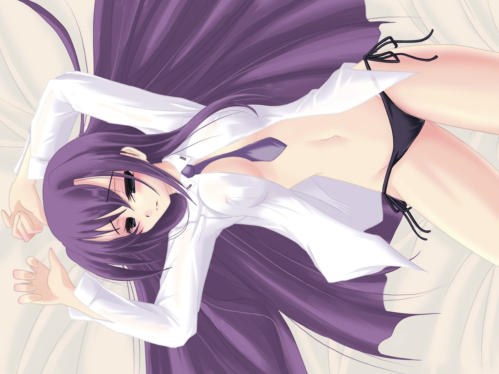 bed black_panties blush female frapowa ginga_nakajima green_eyes high_res highres lyrical_nanoha mahou_shoujo_lyrical_nanoha_strikers open_clothes open_shirt panties purple_hair rule34 shirt side-tie_panties solo underwear