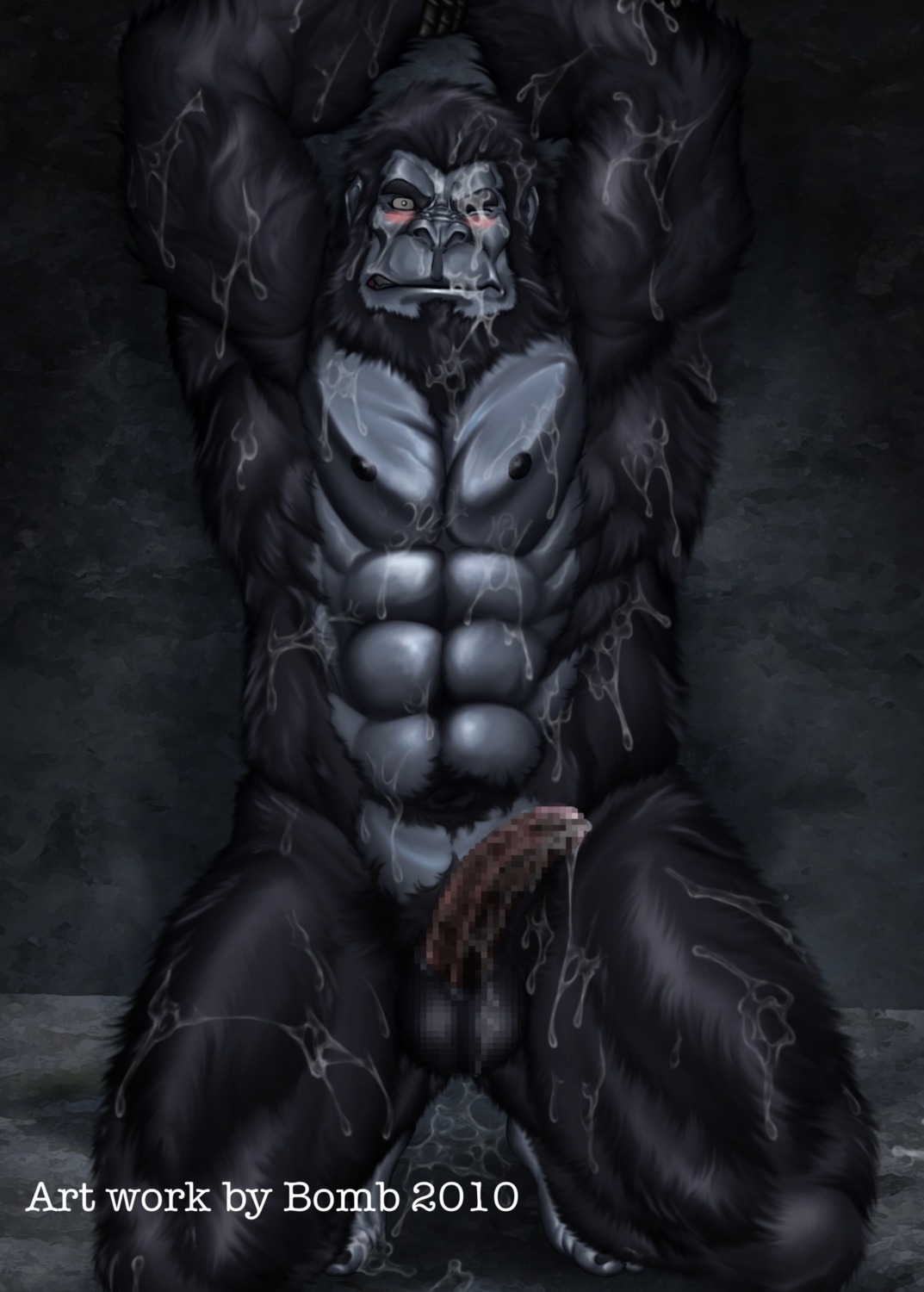 abs anthro ape balls blush bodily_fluids bomb_(artist) bound censored e621 erection genitals gorilla haplorhine hi_res humanoid_genitalia humanoid_penis male mammal muscular muscular_anthro muscular_male nipples nude penis primate solo sweat