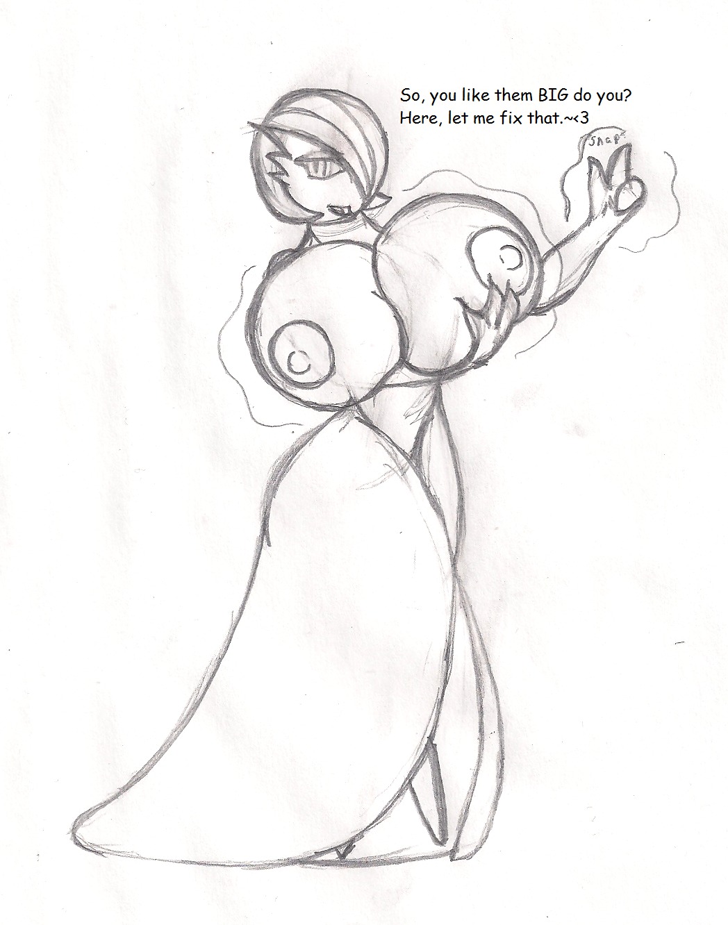 2013 big_breasts breast_expansion breasts dragon-heart e621 english_text expansion female gardevoir generation_3_pokemon hi_res huge_breasts mammal monochrome nintendo nipples not_furry nova_(dragon-heart) pokemon pokemon_(species) sketch snapping_fingers solo text traditional_media_(artwork)