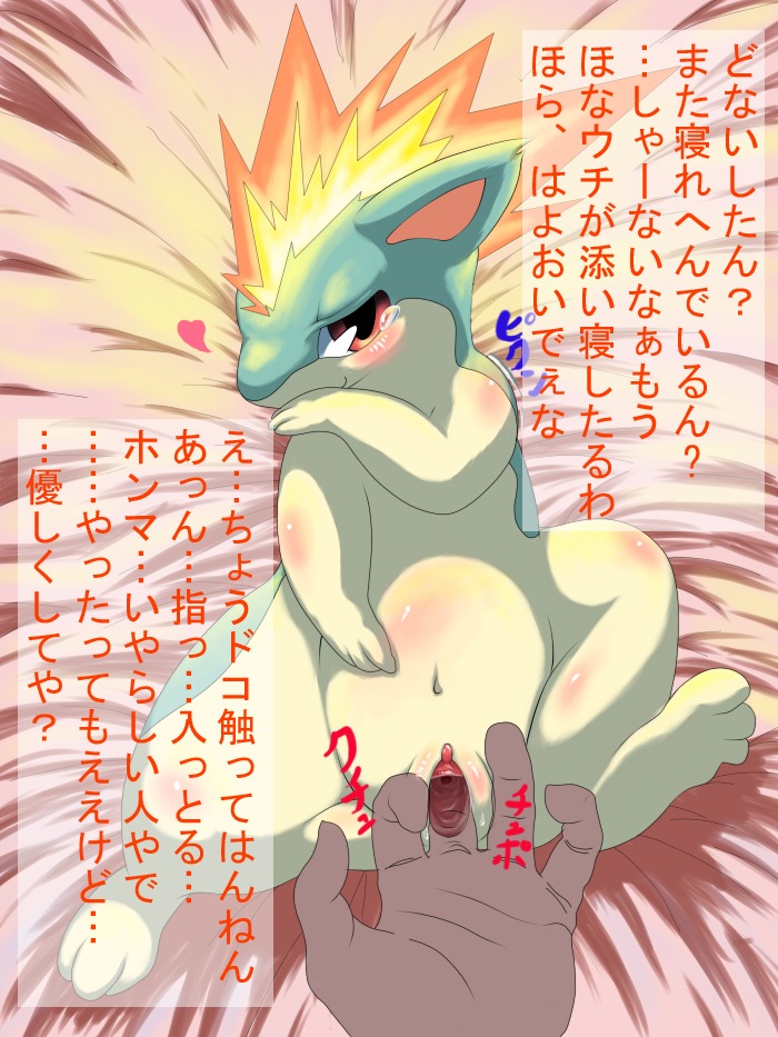 blush bodily_fluids duo e621 female feral fingering fire generation_2_pokemon genital_fluids genitals interspecies inviting looking_at_viewer nintendo pokemon pokemon_(species) pokephilia quilava red_eyes solo_focus spread_legs spreading tamanosuke tears text translated vaginal_fluids vulva