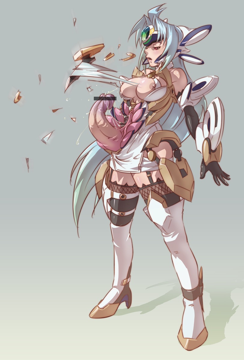 1futa android bare_shoulders bent_penis blue_hair breasts censored cum ejaculation elbow_gloves futa_only futanari garters gloves gynoid headdress highres intersex kos-mos long_hair mikoyan nipples penis pointless_censoring red_eyes rule34 solo thighhighs what xenosaga