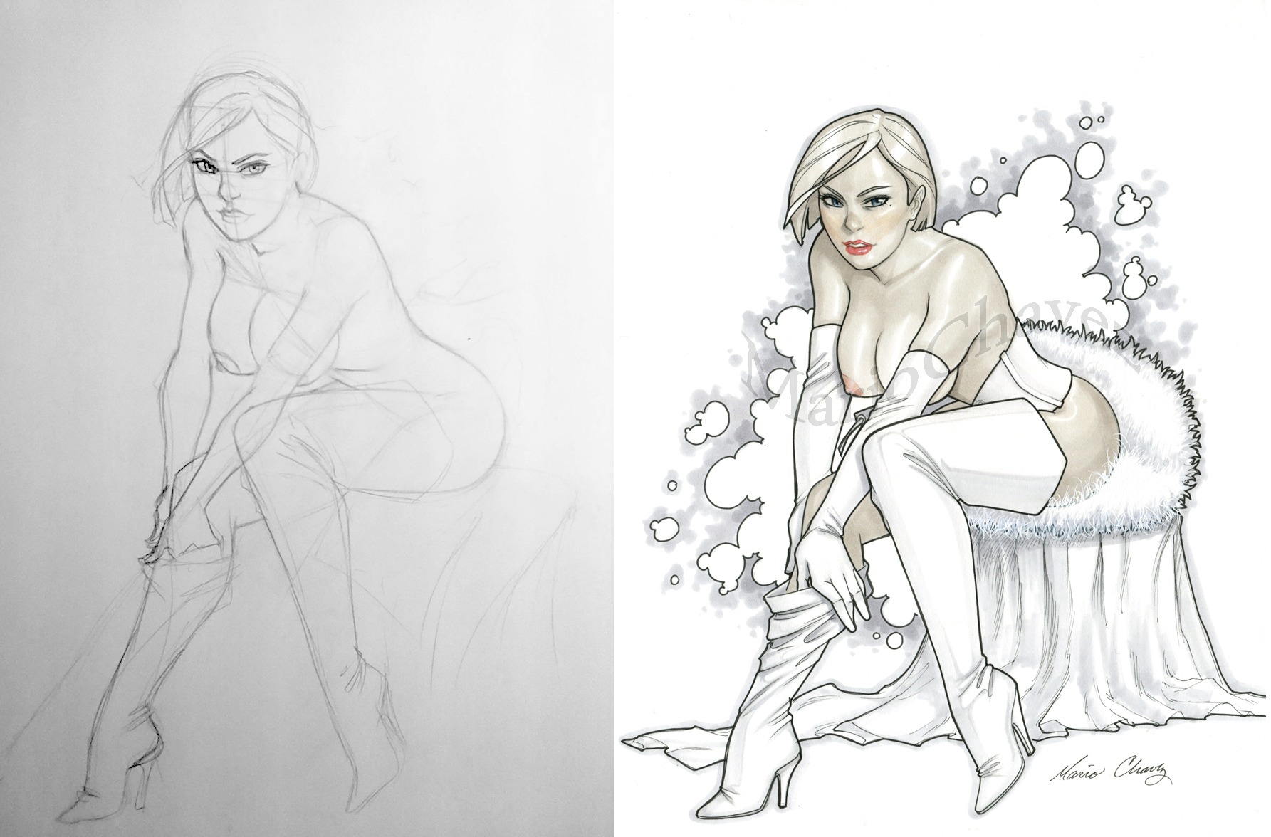 1girls emma_frost female female_only mario_chavez marvel marvel_comics rule34 solo watermark white_queen x-men