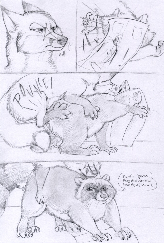 2014 all_fours ambiguous_gender bottomwear canid canine clothing comic dialogue duo e621 english_text feral fox from_behind_position fur male mammal monochrome pants paper-wings procyonid raccoon sex sketch sylvian text traditional_media_(artwork)