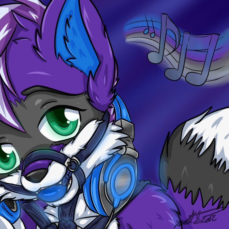 1:1 anthro ball_gag bioluminescence canid canine e621 electronics fox foxtailedcritter fur gag gagged glowing green_eyes halter harness harness_ball_gag harness_gag headphones male mammal music muzzle_(object) muzzled purple_body purple_fur shadow-san solo
