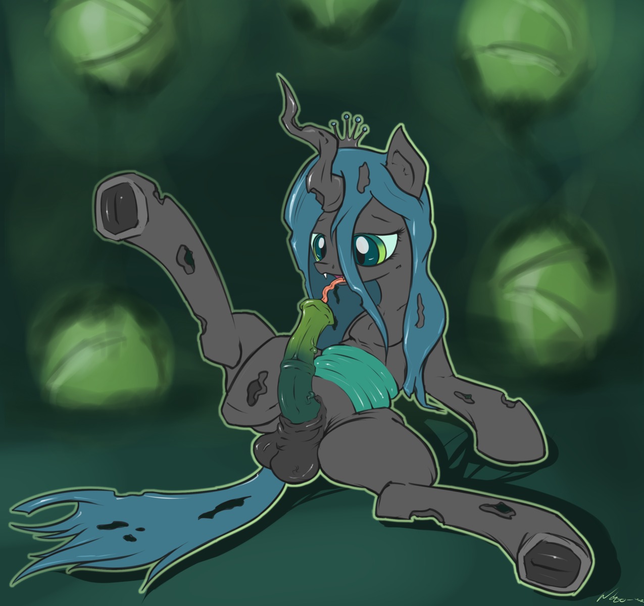 2014 absurd_res animal_genitalia animal_penis arthropod balls changeling_(mlp) crossgender e621 equine_genitalia equine_penis erection feral friendship_is_magic fur genitals green_eyes grey_body grey_fur gynomorph hair hasbro hi_res horn intersex long_hair long_tongue my_little_pony neko-me one_leg_up penis queen_chrysalis_(mlp) raised_leg solo spread_legs spreading tongue tongue_out urethral urethral_tonguing