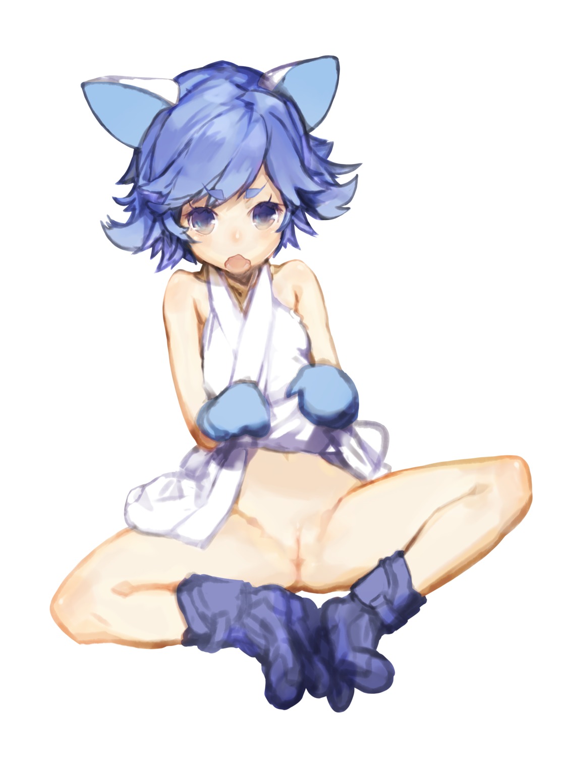 animal_ear blue_eyes blue_hair boots dress dress_lift female highres japanese_clothes ji_no legs mittens no_panties ojarumaru okorinbou original pussy rule34 short_hair simple_background solo spread_legs uncensored wavy_mouth