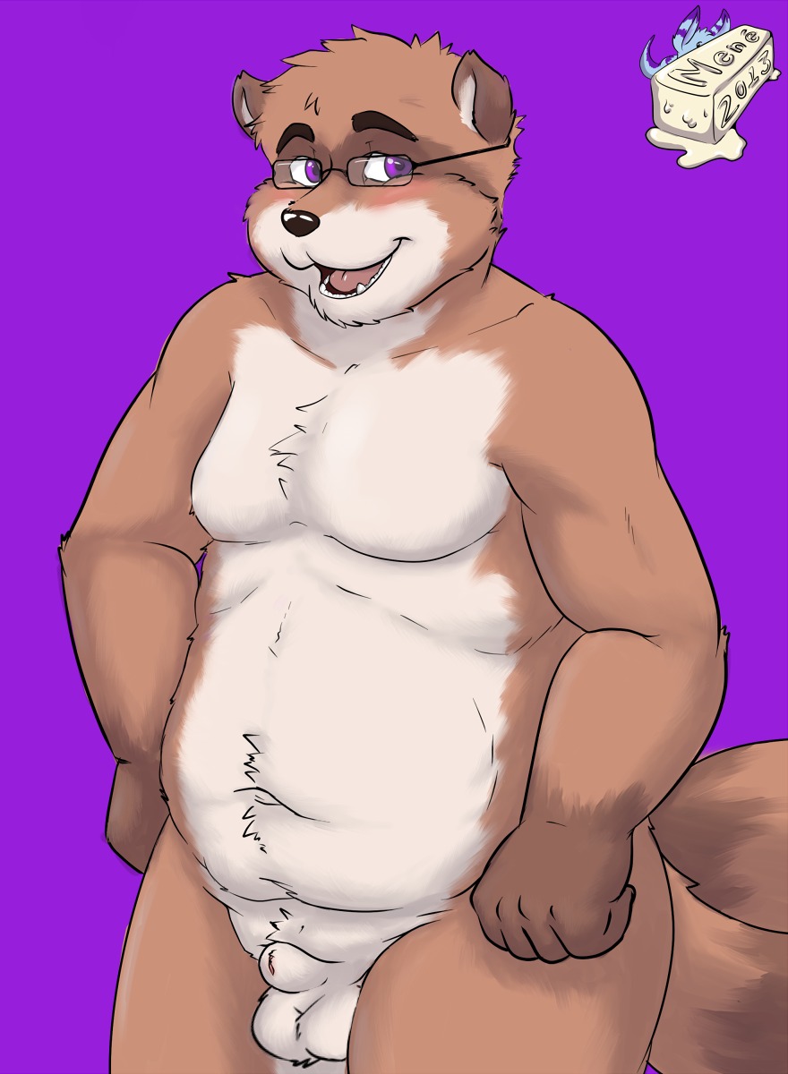 animal_genitalia anthro balls belly blush canid canine colored e621 eyewear fluffy fluffy_tail fully_sheathed fur genitals glasses grin happy hi_res hybrid male mammal markings menebunny navel nude open_mouth overweight overweight_anthro overweight_male procyonid purple_eyes raccoon raccoon_dog roly_coon sheath simple_background smile solo standing tail tanuki