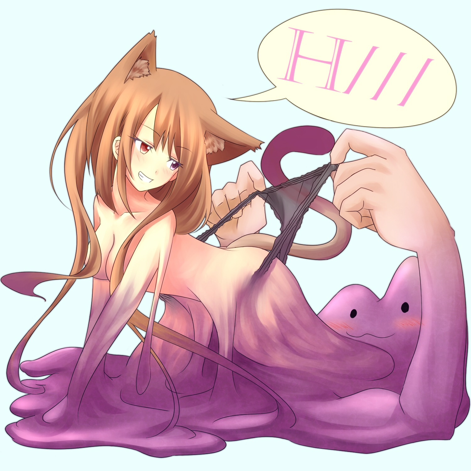 1:1 2011 :3 all_fours amatlas ambiguous_gender animal_humanoid barefoot bent_over black_eyes blush breasts brown_body brown_fur brown_hair butt clothing ditto_(pokemon) domestic_cat duo e621 english_text feet felid feline felis female fur generation_1_pokemon goo_creature grasp hair happy hi_res human humanoid looking_back looking_down mammal nintendo nude panties pink_body pink_hair pink_skin pokemon pokemon_(species) purple_eyes red_eyes side_view simple_background slime smile tail tan_body tan_skin teeth text trap_(contrivance) underwear white_background