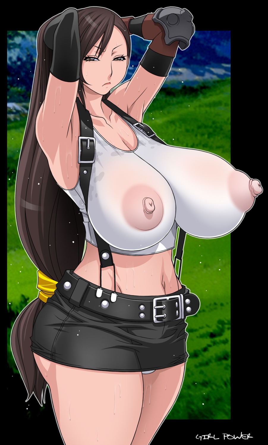 beige_skin breasts brown_eyes brown_hair closed_mouth clothes color female female_only final_fantasy final_fantasy_vii frown girl_power gloves hair hands_behind_head huge_breasts human long_hair nipples open_eyes raised_arms rule34 skirt solo standing suspenders sweat tifa_lockhart