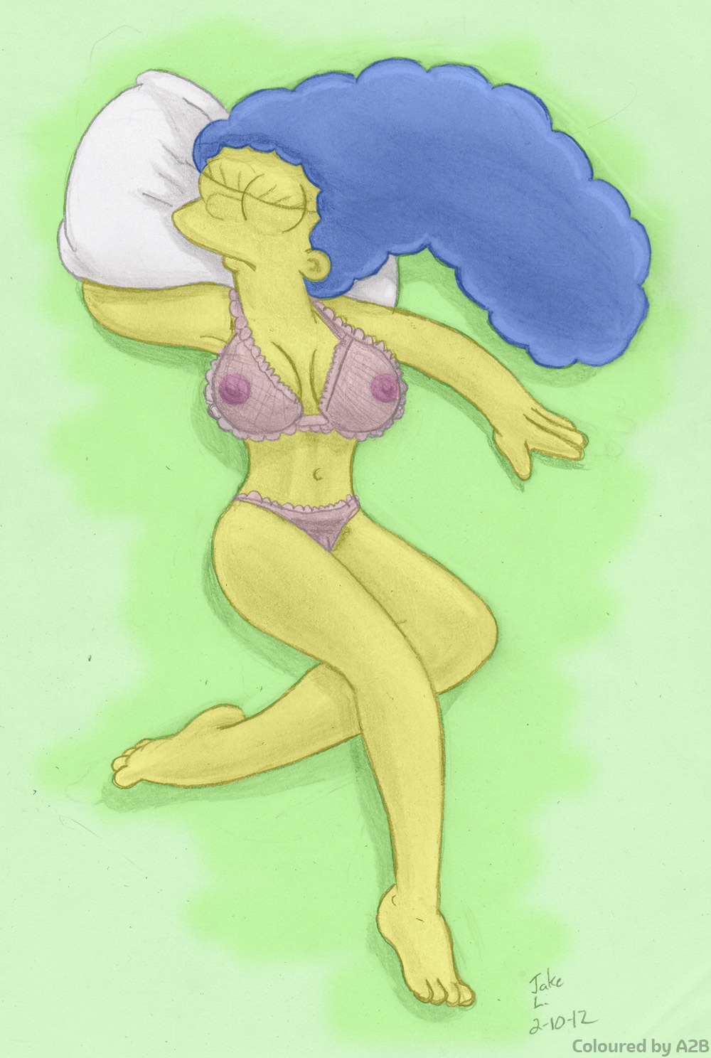 a2b barefoot blue_hair breasts clothes color cordless female female_only hair human injury lying marge_simpson on_back pillow rule34 solo tagme the_simpsons