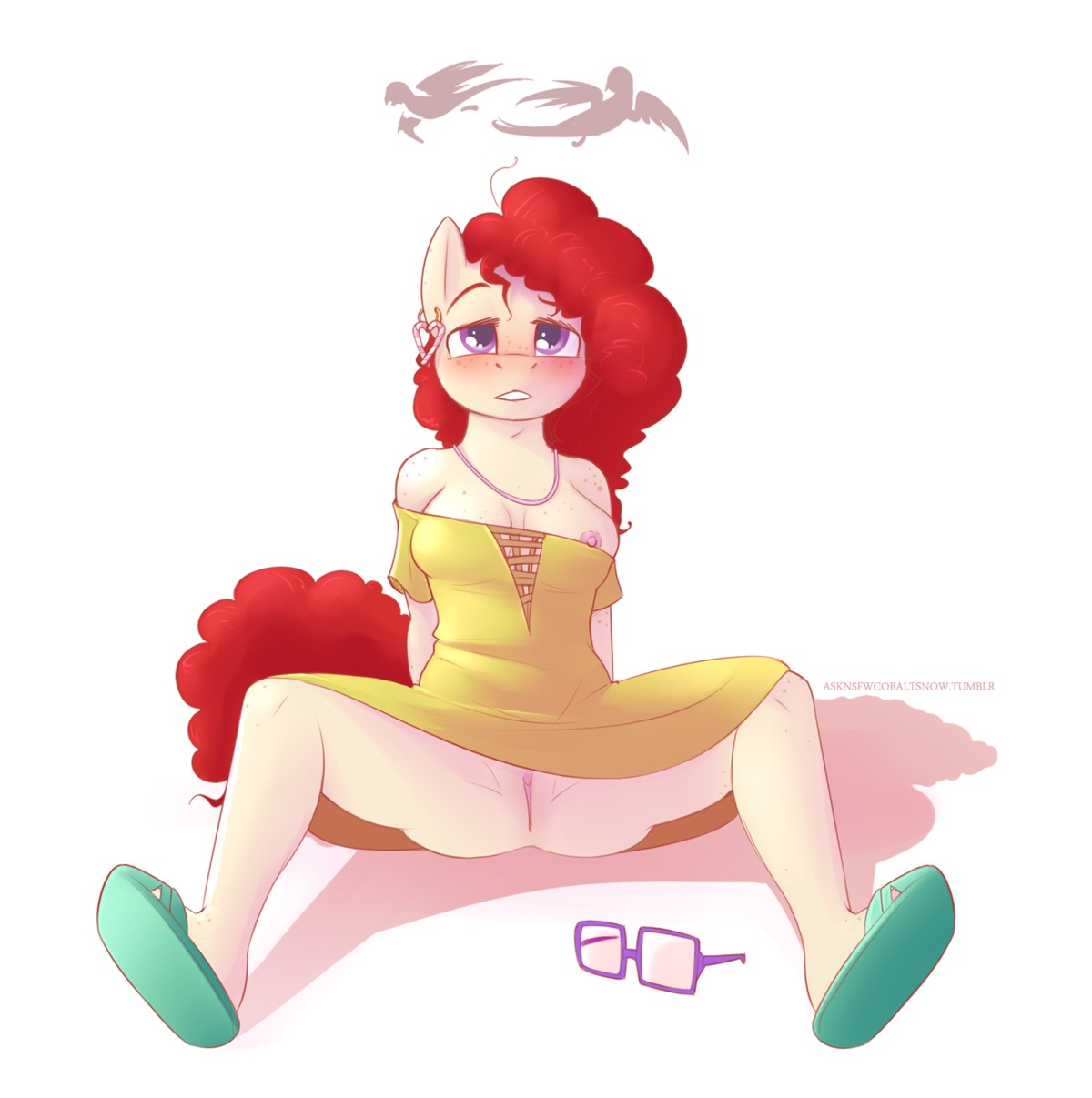 2013 aged_up anthro anthrofied areola avian biped bird blush bottomwear breasts clothed clothing cobalt_snow conditional_dnp digital_media_(artwork) dress e621 ear_piercing earth_pony equid equine exposed eyewear female footwear freckles friendship_is_magic genitals glasses hair hasbro hi_res horse jewelry mammal my_little_pony nipple_slip nipples no_underwear piercing pony red_hair sandals shoes simple_background sitting skirt solo spread_legs spreading twist_(mlp) upskirt vulva white_background