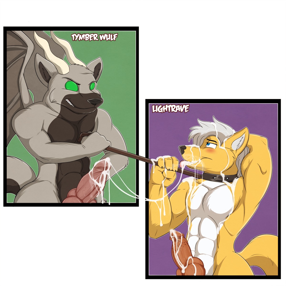 1:1 aaron_(artist) abs after_sex animal_genitalia animal_penis anthro anthro_on_anthro athletic balls biceps big_penis black_body black_fur black_nose blush bodily_fluids canid canine canine_genitalia canine_penis canis collar cum cum_in_mouth cum_inside cum_on_arm cum_on_belly cum_on_body cum_on_chest cum_on_face cum_on_hand cum_on_penis cum_string digital_media_(artwork) domestic_dog dominant dominant_male duo e621 erection excessive_cum excessive_genital_fluids fangs flexing fur gargoyle genital_fluids genitals grey_body grey_fur grey_hair grin hair hands_behind_head hi_res holding_leash holding_object horn interspecies knot leaking leash leash_pull male male/male mammal membrane_(anatomy) membranous_wings messy monster muscular nude pecs penile_spines penis sex smile standing submissive submissive_male tail teeth thick_penis tongue tongue_out vein white_body white_fur wings yellow_body yellow_fur