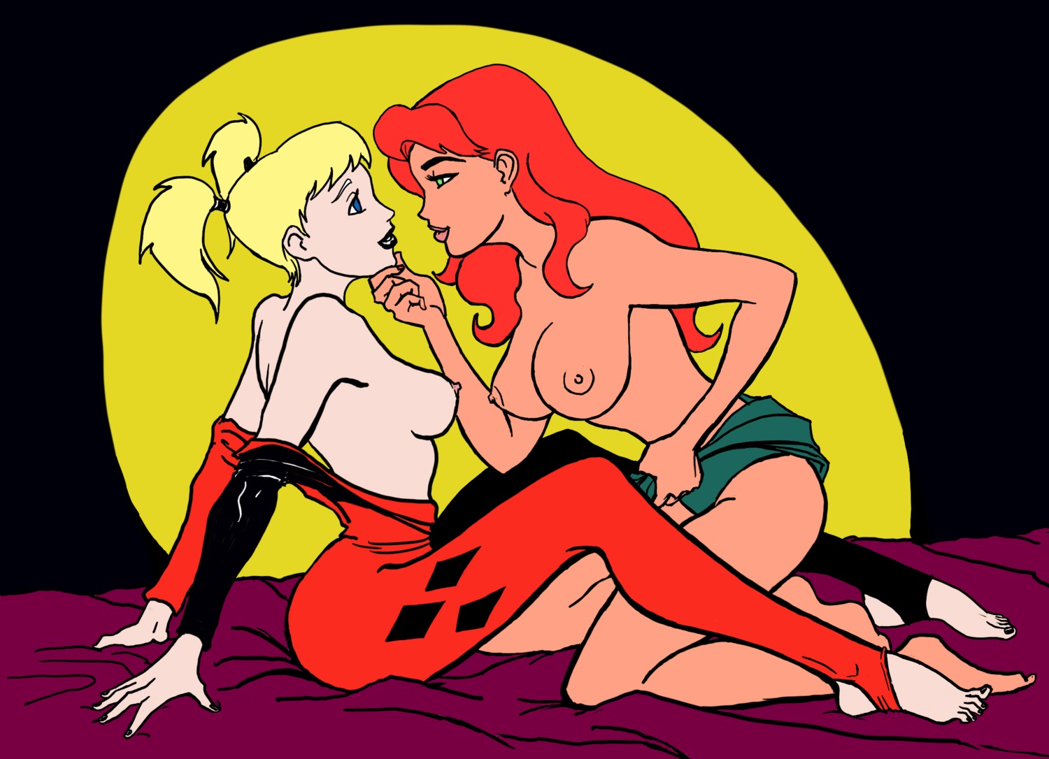 2girls batman:_the_animated_series batman_(series) black_lips black_lipstick blonde_hair blue_eyes bodysuit breasts dc dc_comics dcau female female_only green_eyes harleen_quinzel harley_quinn harley_quinn_(classic) human multiple_females multiple_girls open_bodysuit pigtails poison_ivy poison_ivy_(dcau) red_hair rule34 topless yuri