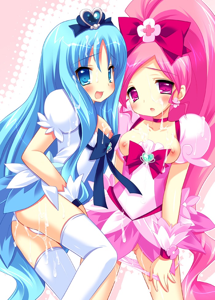 2girls blue_eyes blue_hair blush bow breasts clothing cum cum_on_body cum_on_breasts cum_on_hair cum_on_lower_body cum_on_upper_body cure_blossom cure_marine dress emily_(artist) emily_(pure_dream) emily_(sstomomi) erika_kurumi facial female heartcatch_precure! heartcatch_pretty_cure! long_hair magical_girl multiple_females multiple_girls nipples panties panty_pull pink_eyes pink_hair ponytail precure pretty_cure rule34 small_breasts stockings thighhighs tied_hair tsubomi_hanasaki underwear