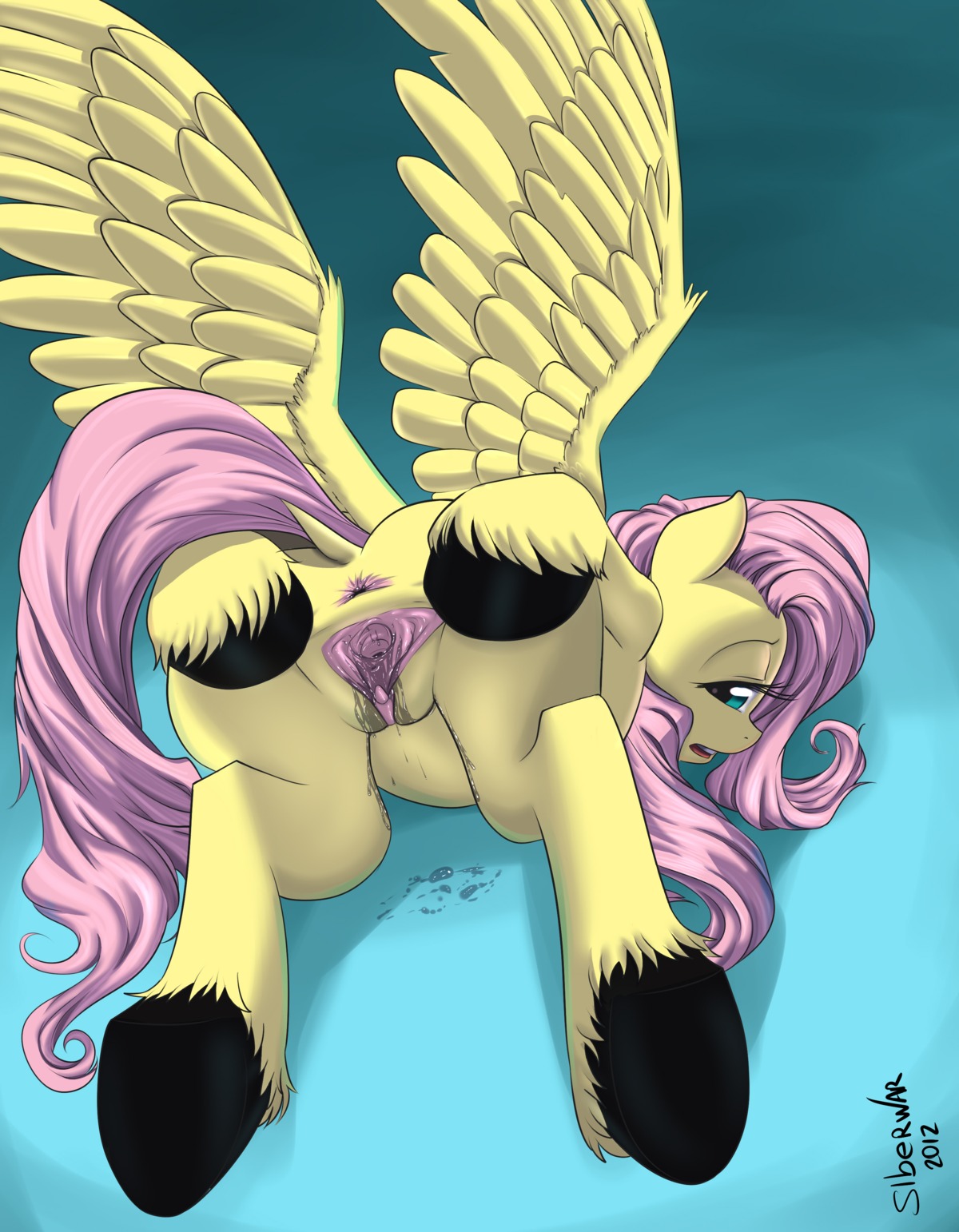 2012 absurd_res all_fours anus ass_up bodily_fluids butt clitoris e621 equid equine feathered_wings feathers female feral fluttershy_(mlp) friendship_is_magic genital_fluids genitals hair hasbro hi_res hooves looking_at_viewer looking_back mammal my_little_pony mythological_creature mythological_equine mythology nude pegasus presenting presenting_hindquarters siberwar solo spread_anus spread_vulva spreading tail vaginal_fluids vulva wings yellow_body yellow_feathers