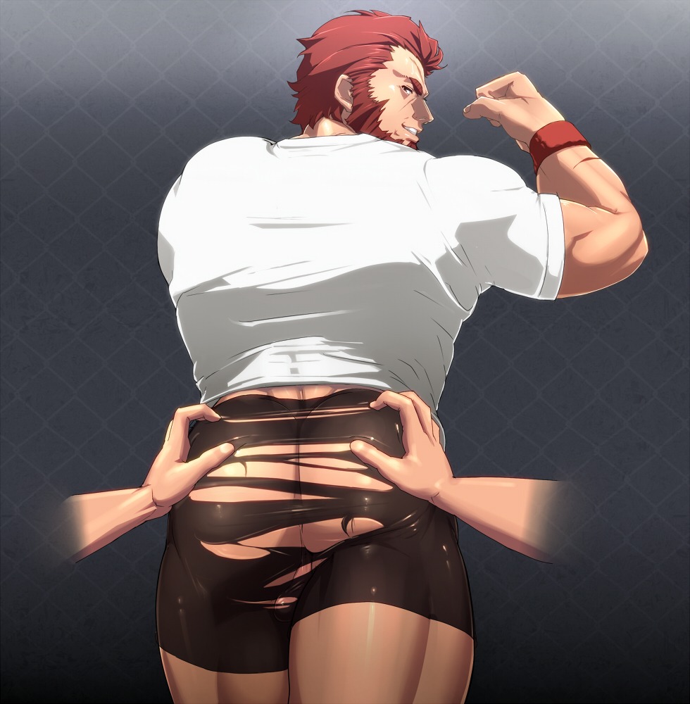 2boys ass ass_grab balls butt_grab fate/zero fate_(series) flexing grabbing iskandar_(fate) male male_only rider ripped_clothing rule34 shunta solo_focus t-shirt tagme torn_clothes yaoi