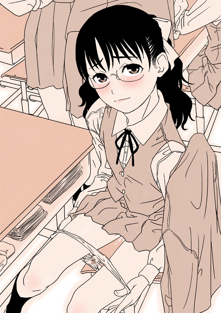 classroom clothing female flat_chest glasses gusu monochrome original panties panty_pull pink pussy pussy_juice rule34 school_desk school_uniform skirt smile straight_hair underwear