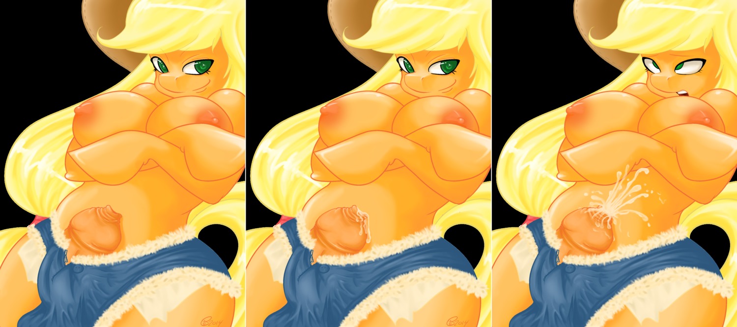 2014 absurd_res anthro anthrofied applejack_(mlp) black_background blonde_hair bodily_fluids breasts clothed clothing crystalshards cum e621 earth_pony equid equine foreskin friendship_is_magic fur genital_fluids genitals green_eyes gynomorph hair hasbro hi_res horse humanoid_genitalia humanoid_penis intersex long_foreskin long_hair mammal my_little_pony nipples orange_body orange_fur penis pony precum simple_background smile solo topless unretracted_foreskin
