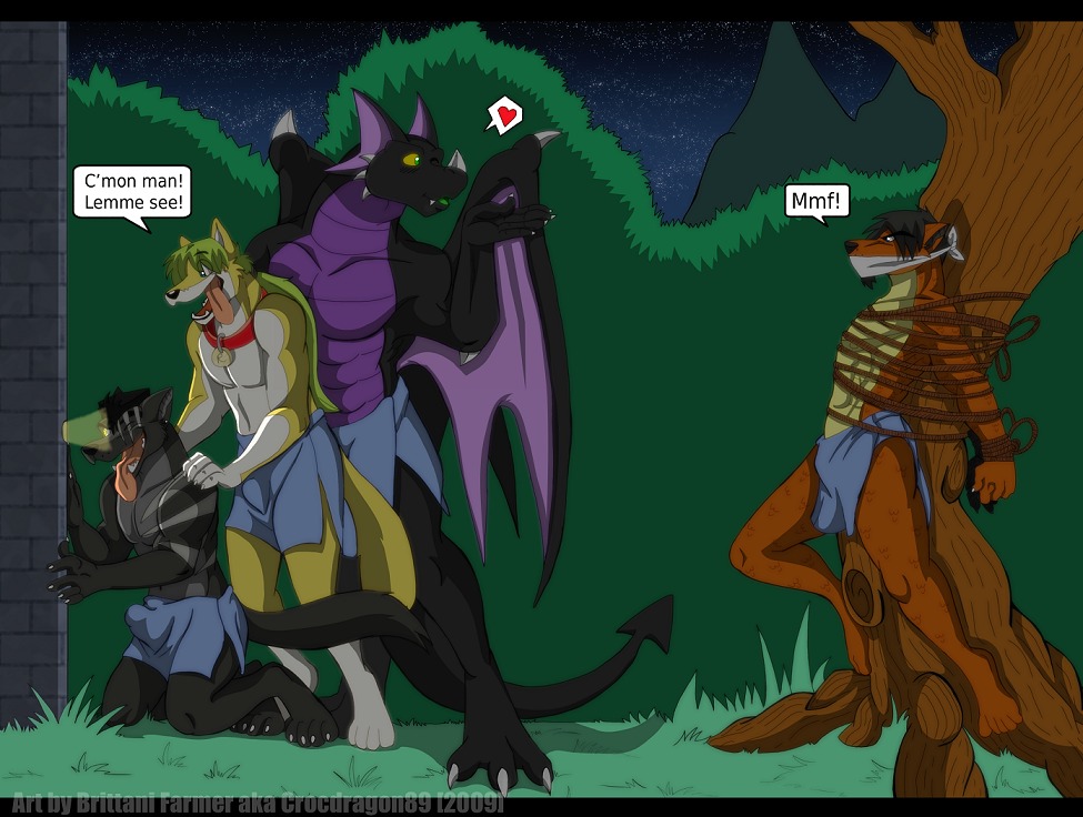 2009 3_toes abs anthro bdsm biceps big_muscles black_body black_nose black_scales black_skin black_tail blowing_kiss bondage bound brown_hair bulge canid canine canis claws cloth_gag clothed clothing collar croc_(crocdragon89) crocdragon89 dialogue dominant dominant_male dragon e621 english_text erection erection_under_clothing european_mythology fangs feet fenris_williams fur gag gagged green_eyes green_hair group hair heart_symbol jason_takayama looking_at_another male male/male mammal membrane_(anatomy) membranous_wings muscular muscular_male mythological_creature mythological_scalie mythology night one_eye_closed open_mouth outside pecs peeping plant purple_body restraints rope rope_bondage scales scalie scar side_view sky star starry_sky submissive submissive_male tail teeth text toes tongue tongue_out topless tree tree_bondage voyeur western_dragon wings wink wolf wood zeke_(crocdragon89)
