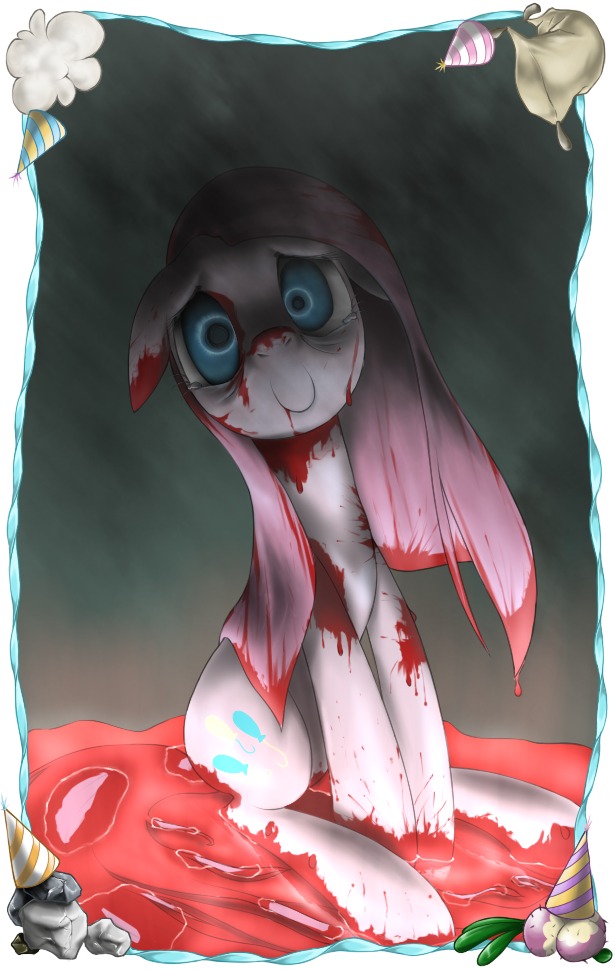 2013 baitoubaozou blood blue_eyes bodily_fluids clothing creepy cupcakes_(mlp_fanfic) cutie_mark e621 earth_pony equid equine female feral friendship_is_magic fur hair hasbro hat headgear headwear horse madame_le_floure_(mlp) mammal mr._turnip_(mlp) my_little_pony party_hat pink_body pink_fur pink_hair pinkamena_(mlp) pinkie_pie_(mlp) pony rocky_(mlp) sir_lintcelot_(mlp) sitting smile solo tears