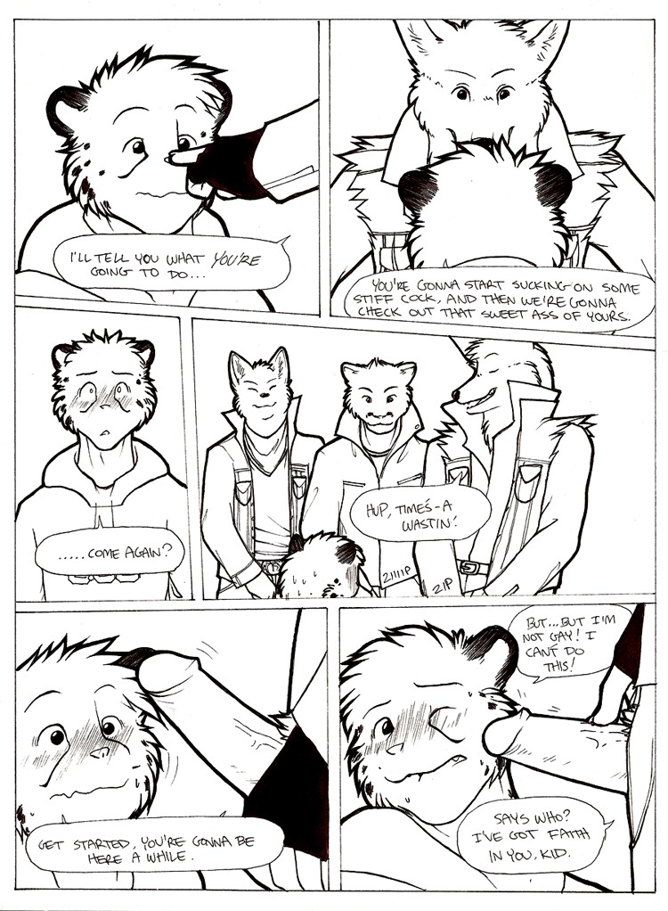2007 adolescent adult_on_adolescent adult_on_young age_difference anthro black_and_white blush border canid canine canis cheetah clothed clothing comic content_repetition dialogue digital_media_(artwork) e621 english_text erection eyewear felid feline forced gang genitals group hazing hoodie horizontal_staggering humanoid_genitalia humanoid_penis imminent_rape imminent_sex initiation male male/male mammal meesh monochrome multiple_scenes no_homo orientation_play panel_skew pen_(artwork) penis penis_in_face rough_riders six_frame_image six_frame_staggered_grid speech_bubble staggering_(layout) standing stated_heterosexuality stated_sexuality surprised text topwear traditional_media_(artwork) wavy_mouth white_border wolf young