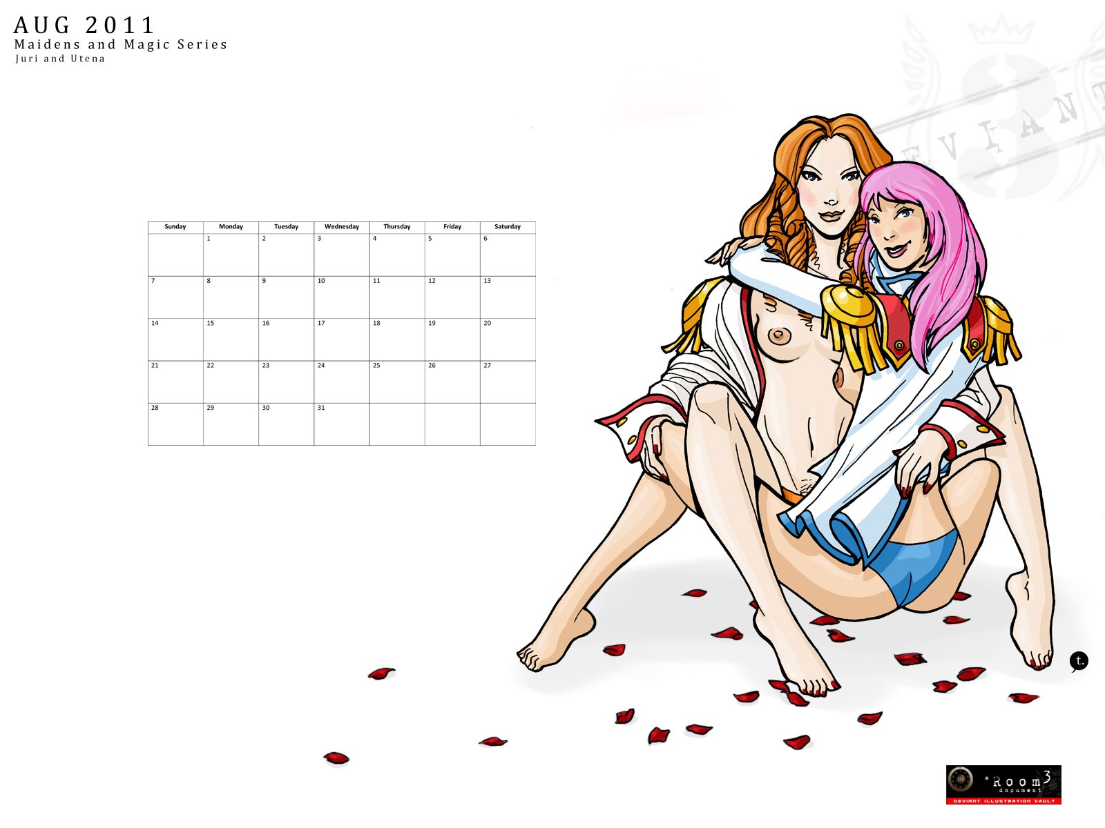 2011 2girls august_(month) breasts calendar_(medium) female juri_arisugawa looking_at_viewer multiple_females multiple_girls nipples pink_hair revolutionary_girl_utena rule34 trdl utena_tenjou yuri