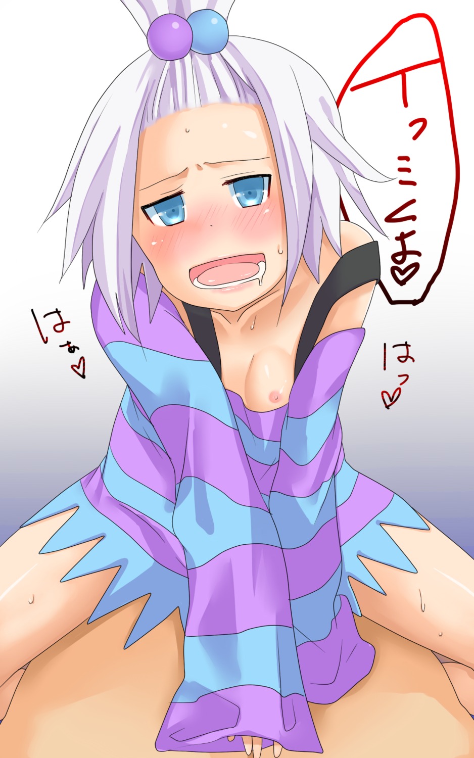 1boy 1girls bad_id blue_eyes blush breasts clothed_sex female female_focus flat_chest gym_leader highres human japanese_text male nintendo nipple_slip nipples no_bra pokemon pokemon_bw2 roxie_(pokemon) rule34 saliva satou_yuu sex shirt solo_focus striped striped_shirt text translation_request white_hair
