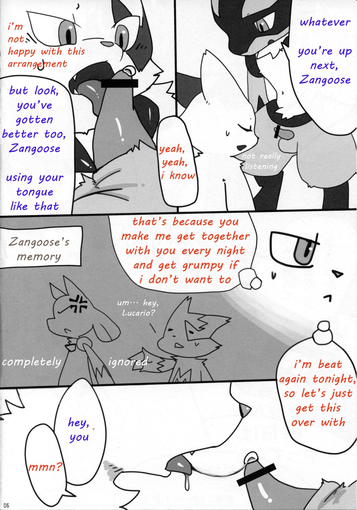 censored fellatio fur furry gay lucario male nintendo no_humans oral oral_sex pokemon pokemon_(species) precum rule34 sex zangoose